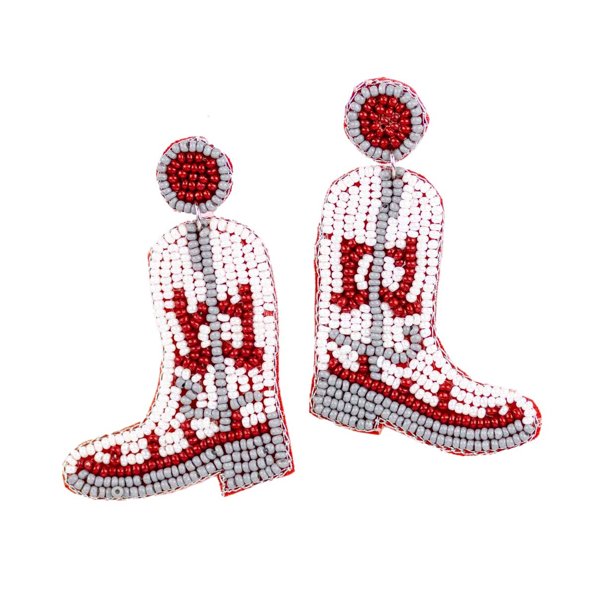 Cowgirl Boots Beaded Earrings Maroon/Gray 2.5"