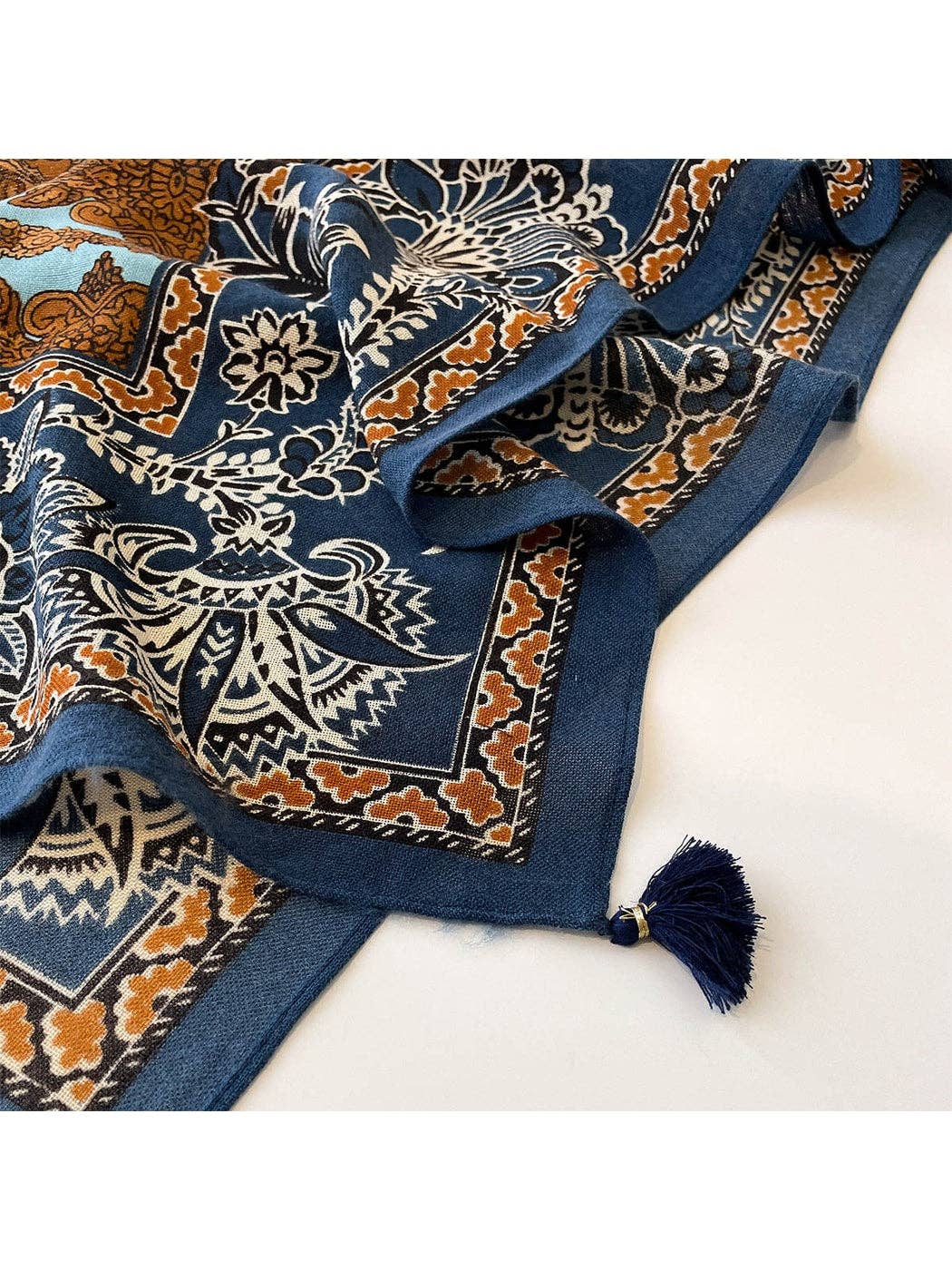 Navy Retro Floral Print Tassel Square Scarf