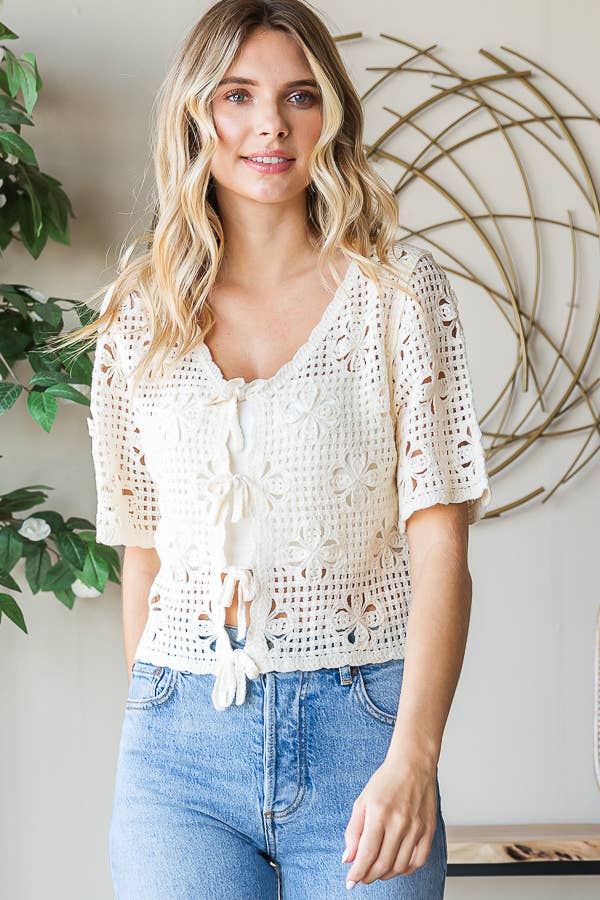 Knit Floral Tie Front Top