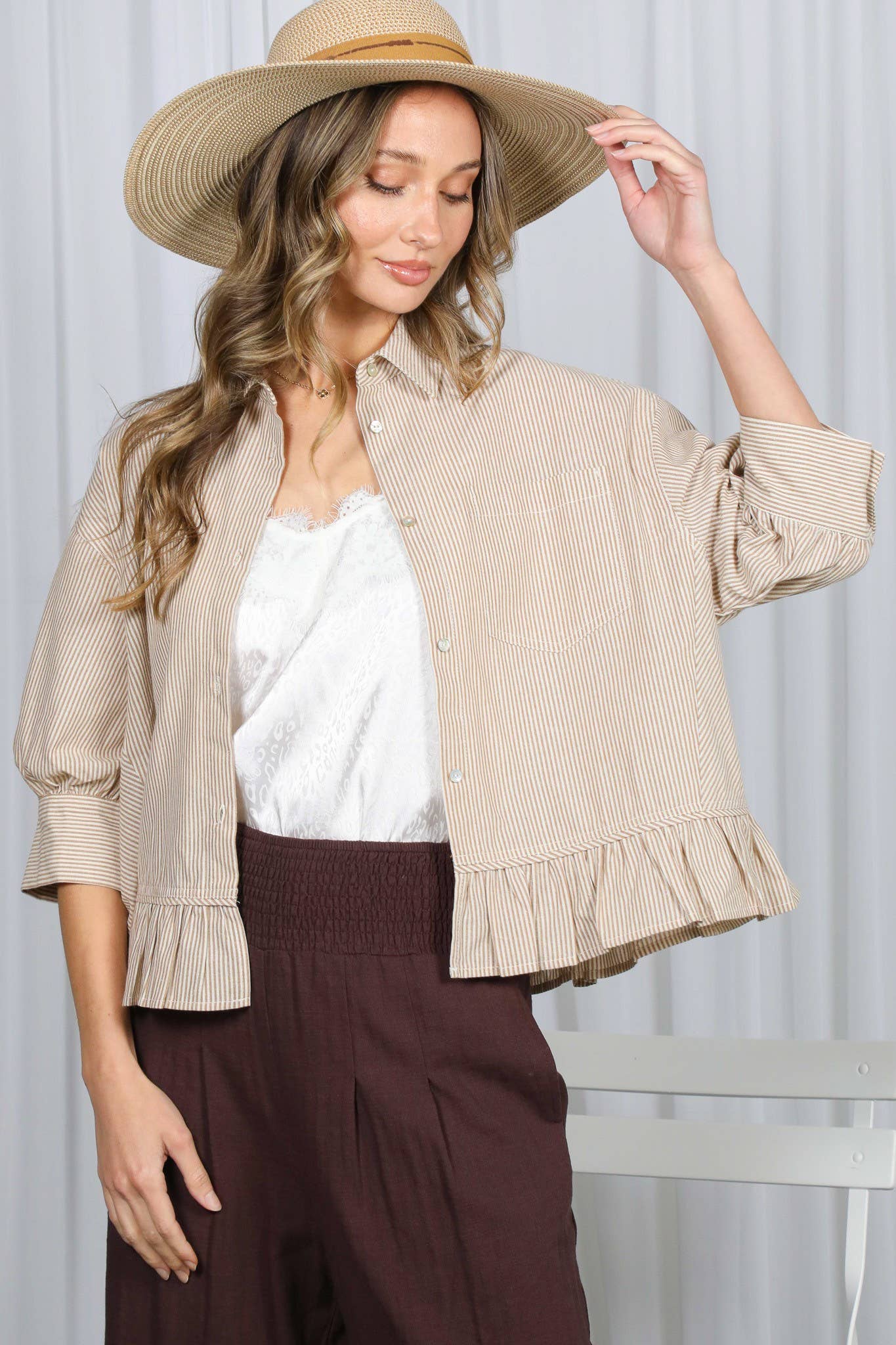 Pocket Detail Ruffle HemStriped Shirt