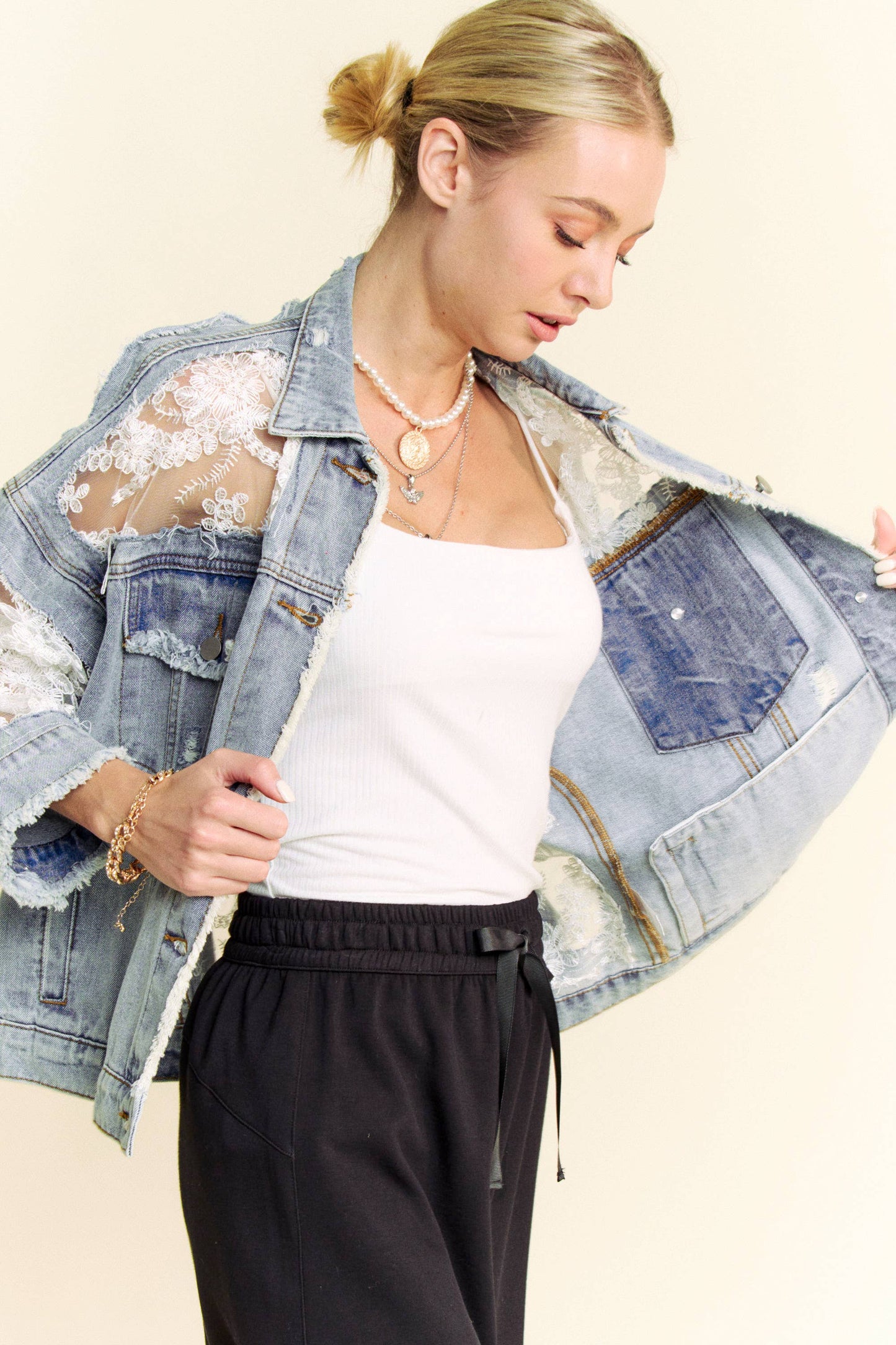 FLORAL EMBROIDERY LACE DISTRESSED DENIM JACKET