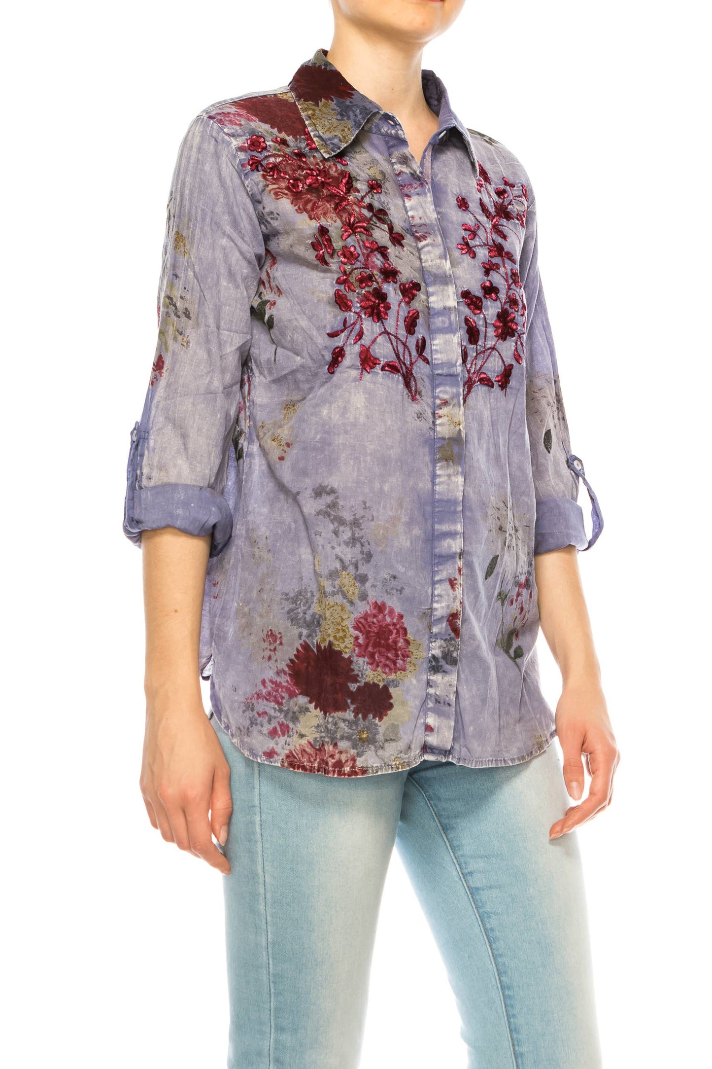 Vintage Blue Floral Printed Shirt with Embroidery
