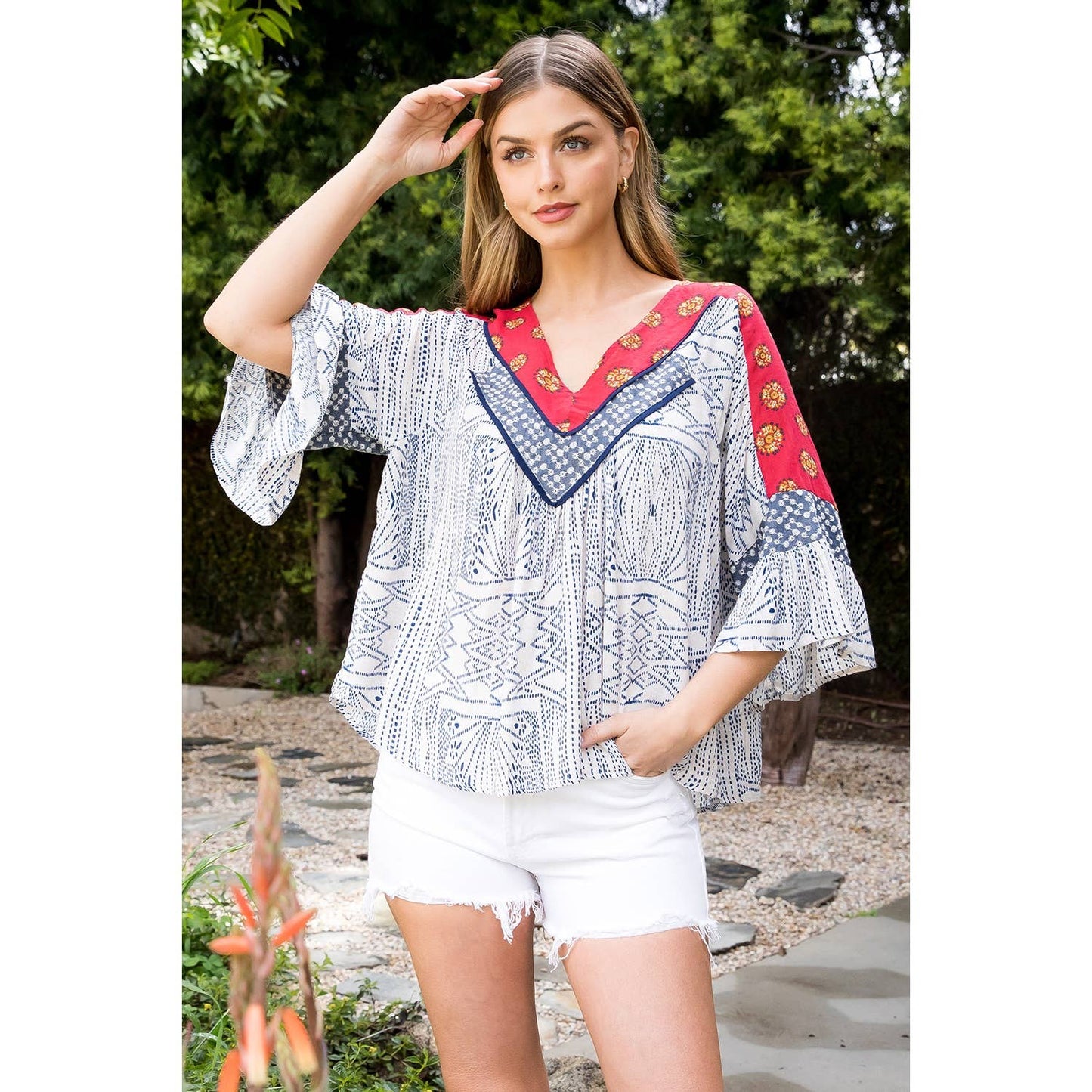 Mixed Print Mid Bell Sleeve Top