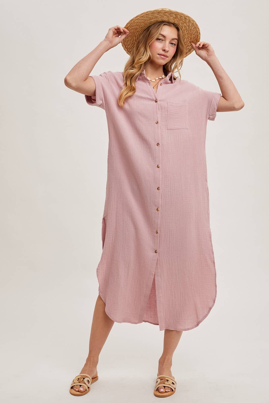 BUTTON UP MAXI SHIRT DRESS WITH POCKET
