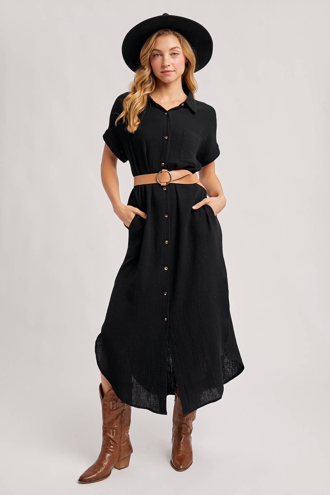 BUTTON UP MAXI SHIRT DRESS WITH POCKET
