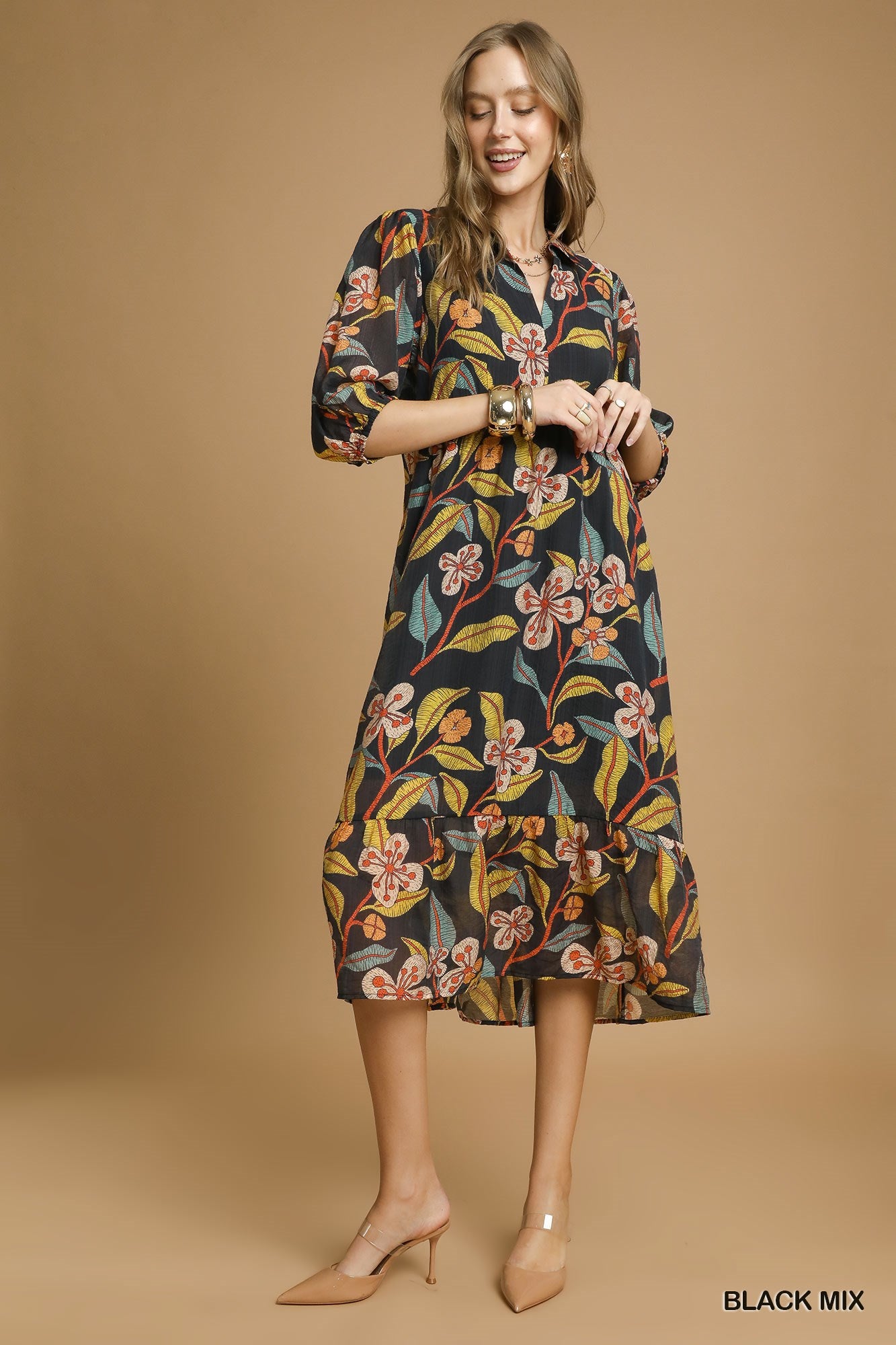 Floral Black Print Midi Dress
