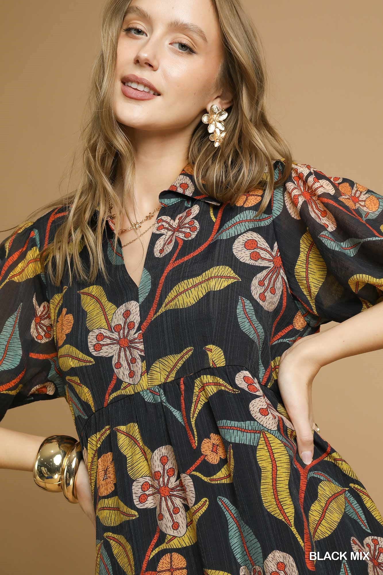 Floral Black Print Midi Dress