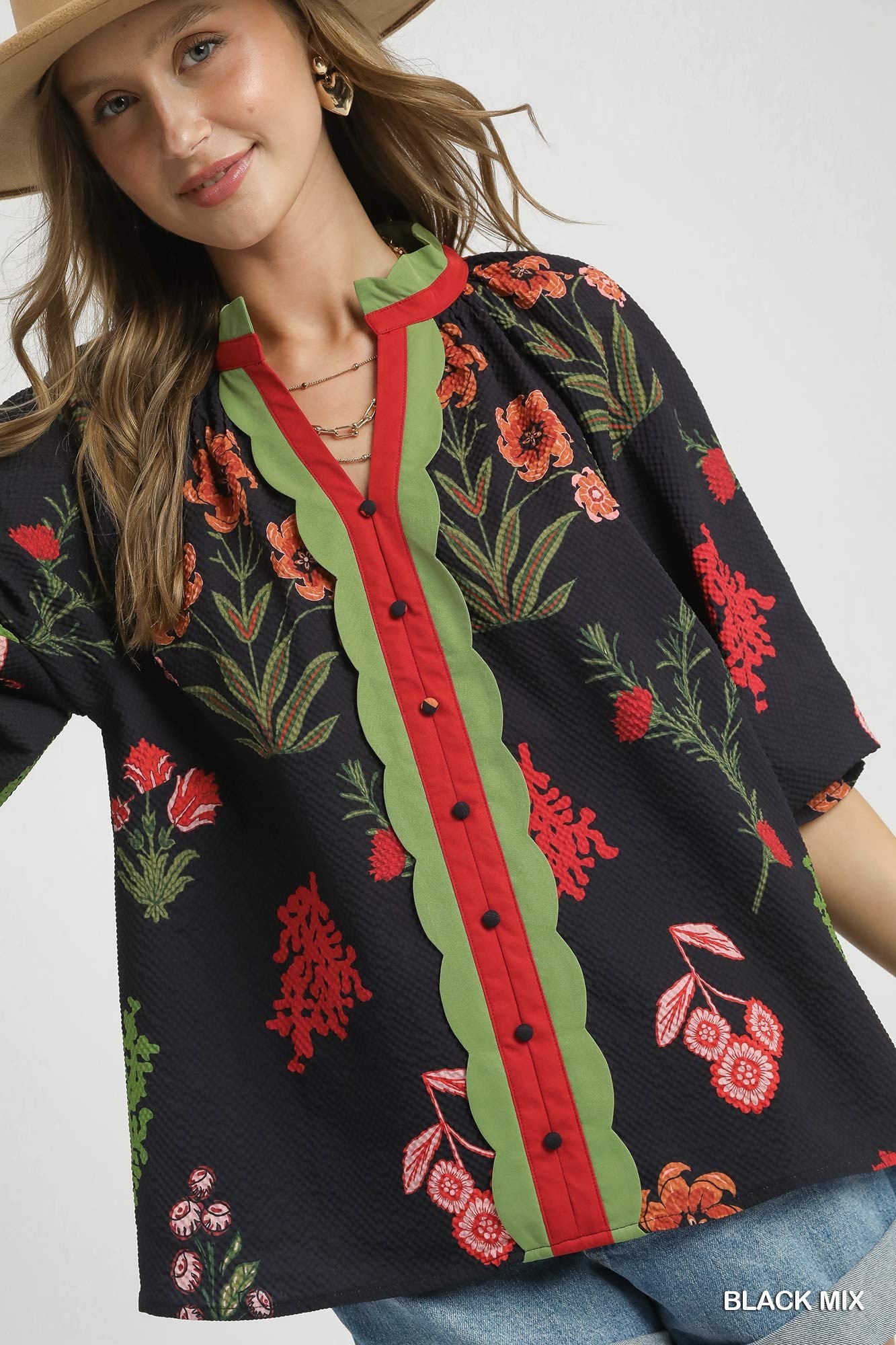 Textured Blouse with Scalloped Trim