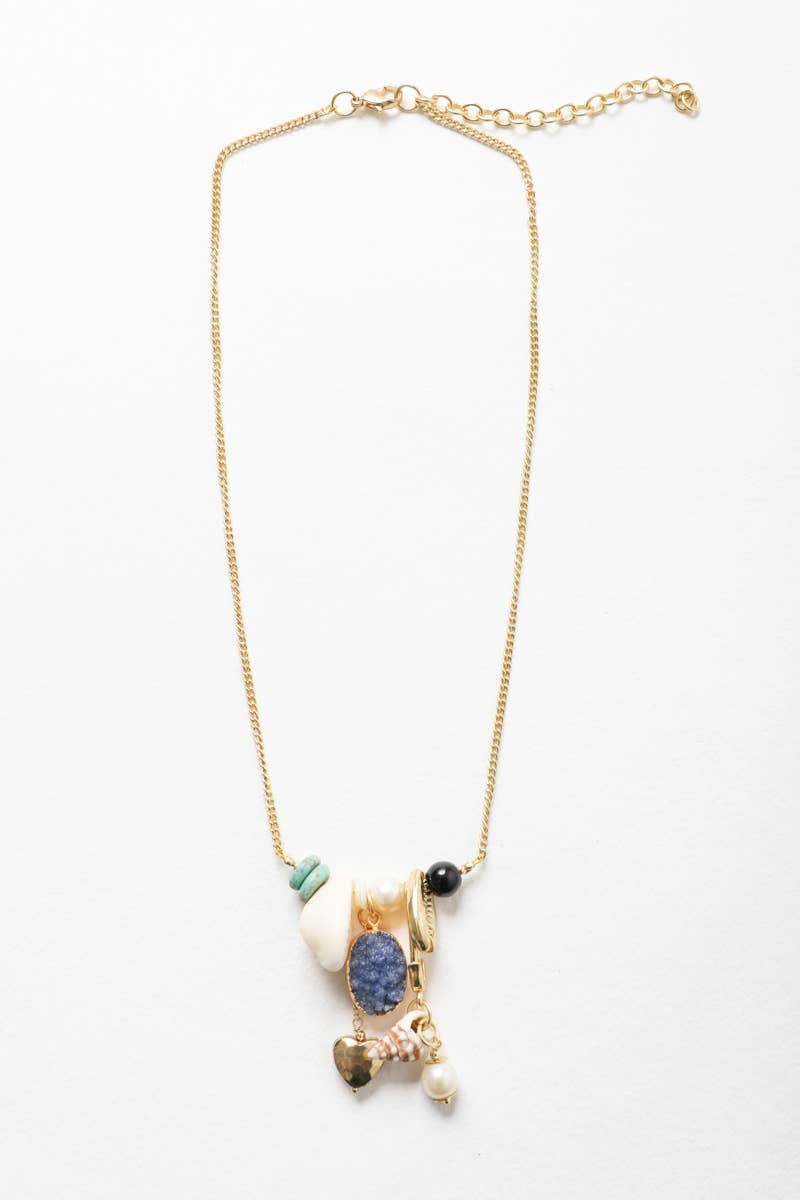 Stone Gem Charm and Shell Chain  Necklace