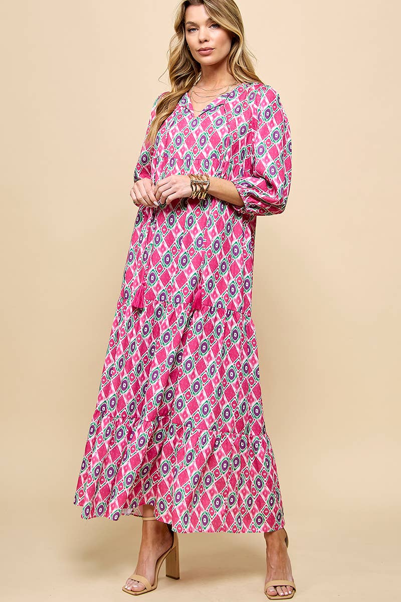 3/4 Lantern Sleeve Print Boho Maxi Dress