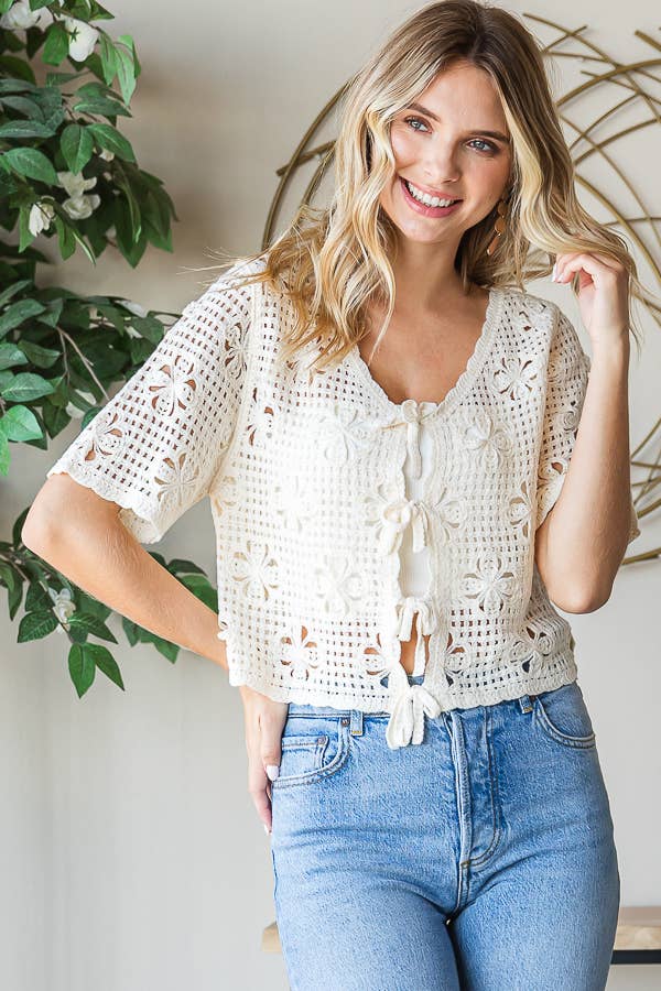 Knit Floral Tie Front Top