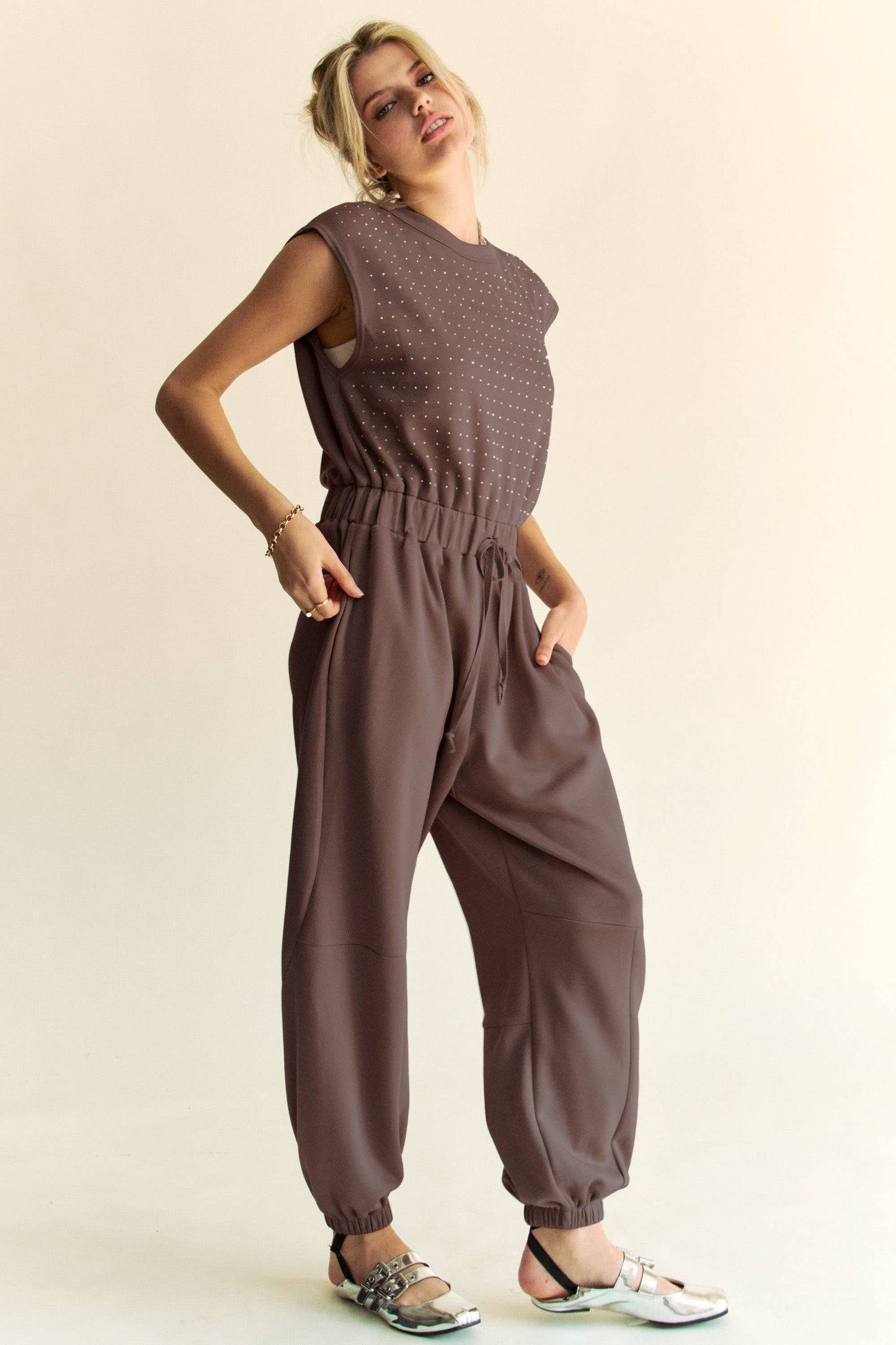 CREW NECK RHINESTONE TOP JOGGER JUMPSUIT