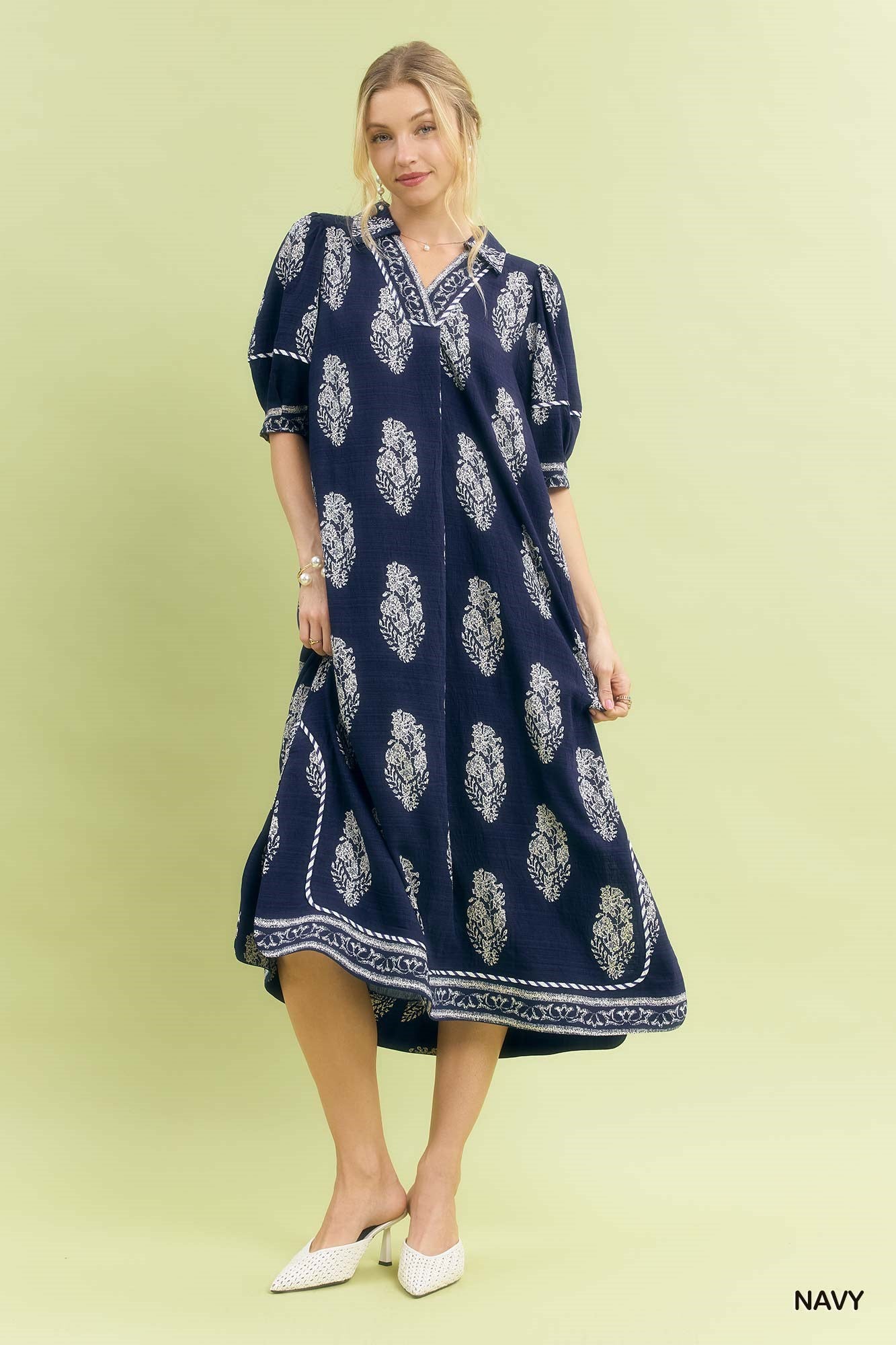 Border Print Collared Midi Dress