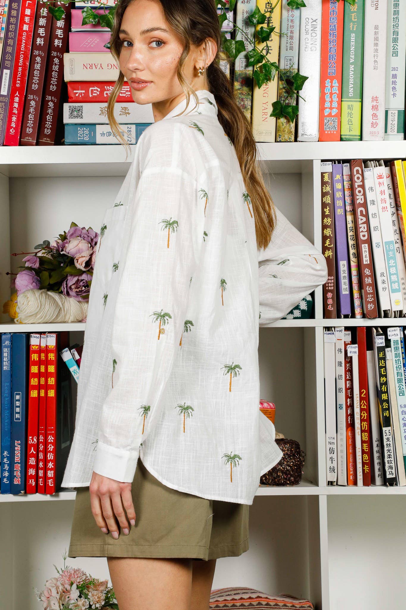 Collared Palm Tree Embroidered Blouse