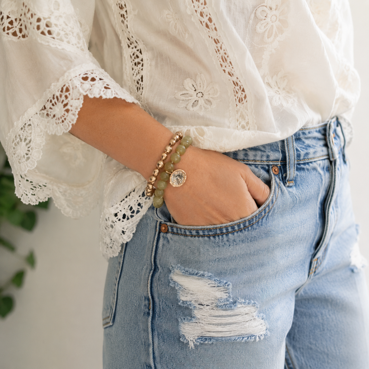 Ellison+Young Marbled Bead Stretch Bracelet Set of 2, Organic Gold with Crystal Coin Charm