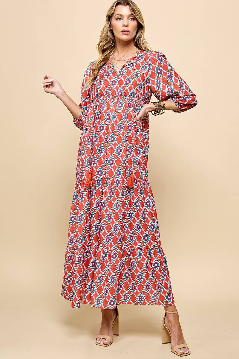 3/4 Lantern Sleeve Print Boho Maxi Dress