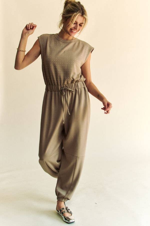 CREW NECK RHINESTONE TOP JOGGER JUMPSUIT