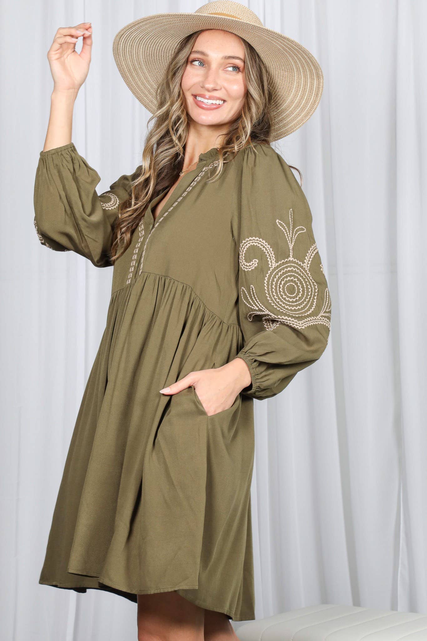 Paisley Embroidered V-Neck Baby Doll Mini Dress