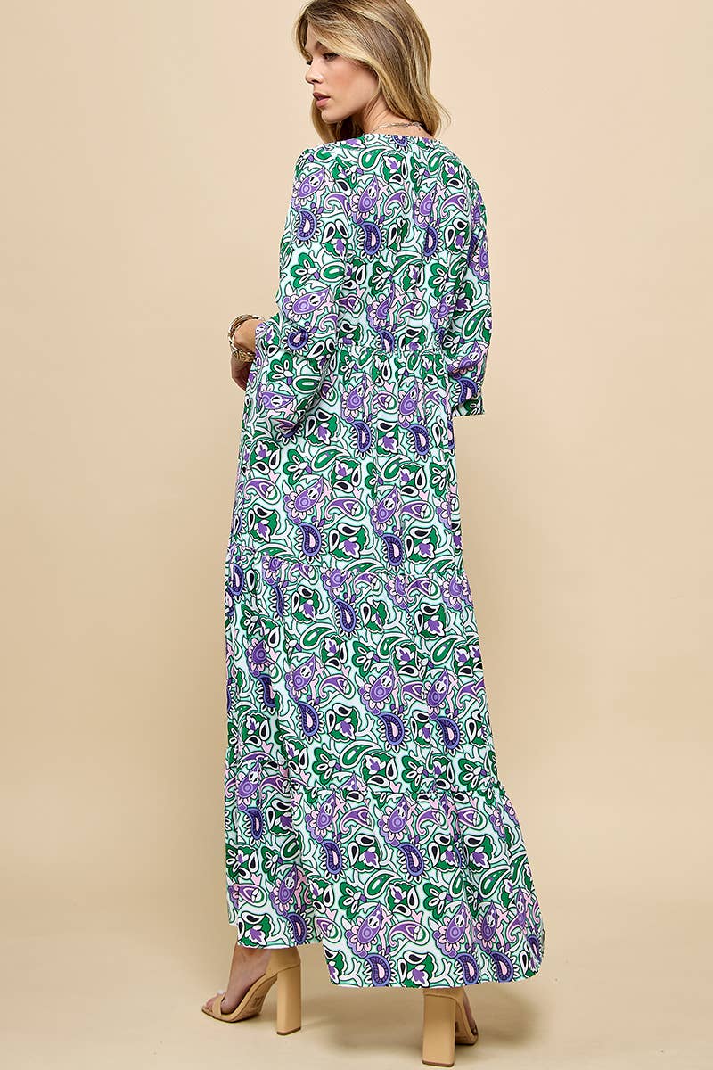Paisley Print V neck Maxi Dress