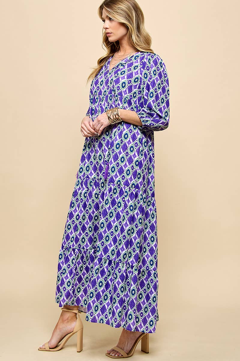 3/4 Lantern Sleeve Print Boho Maxi Dress