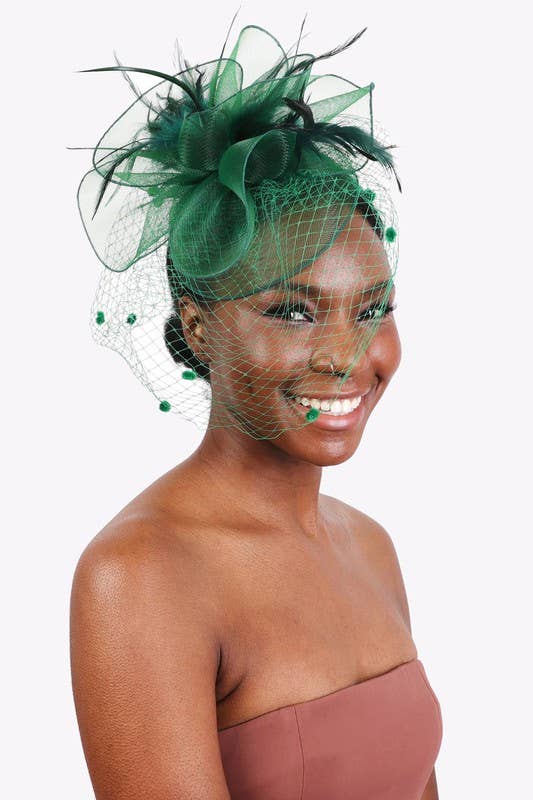KENTUCKY DERBY FLOWER FEATHERS VEILED FASCINATOR
