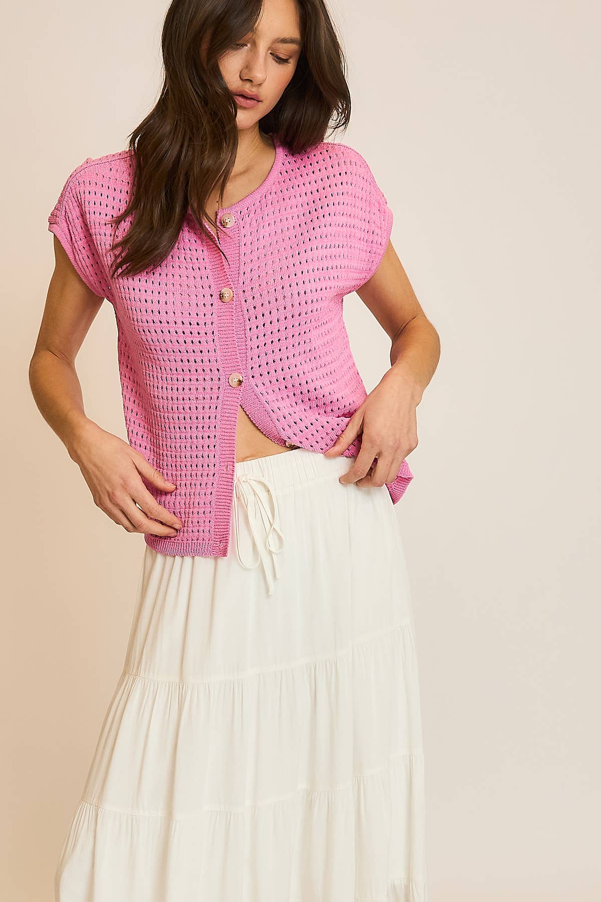 OPEN-KNIT BUTTON-UP SWEATER TOP