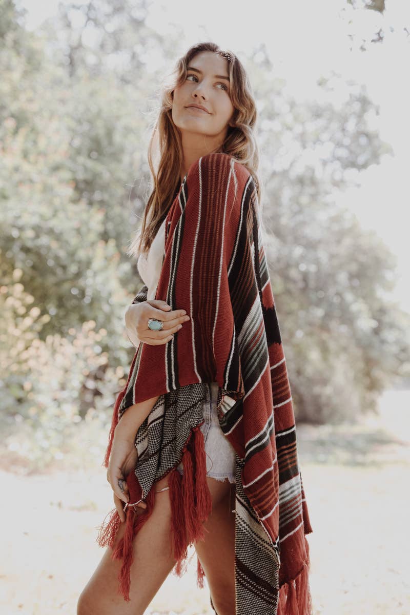 Bohemian Cow Skull Serape Kimono Red