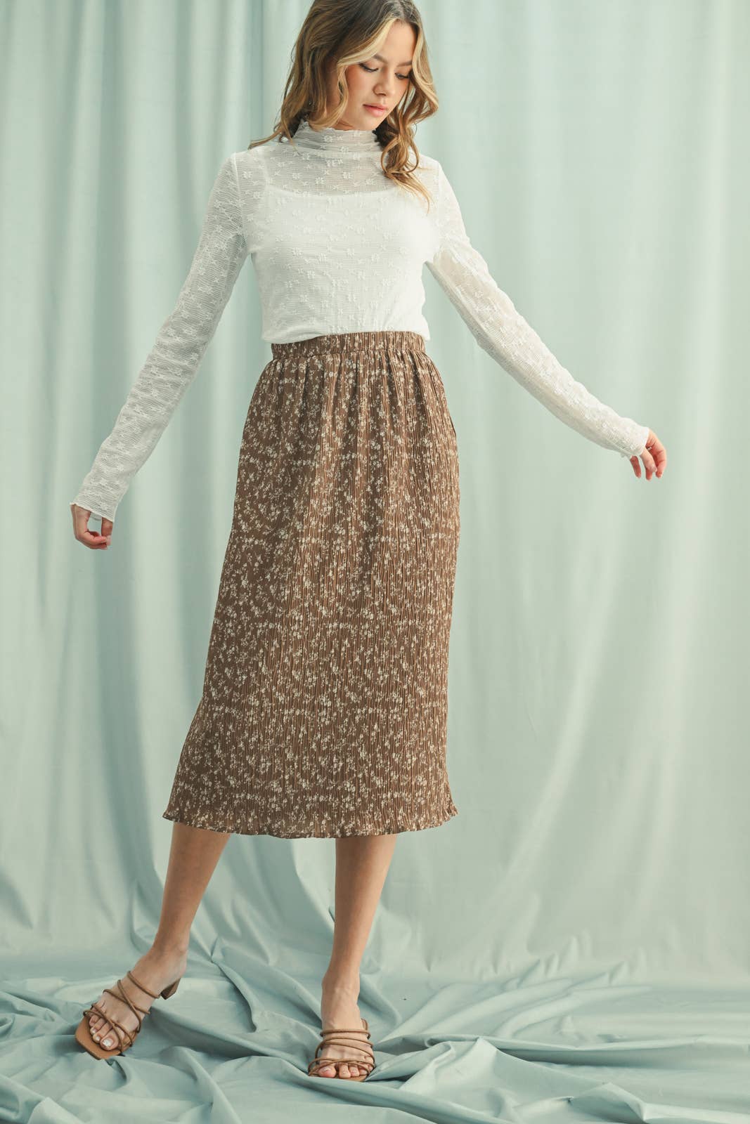FLORAL CRINKLE MIDI SKIRT