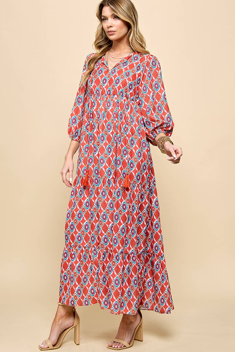 3/4 Lantern Sleeve Print Boho Maxi Dress