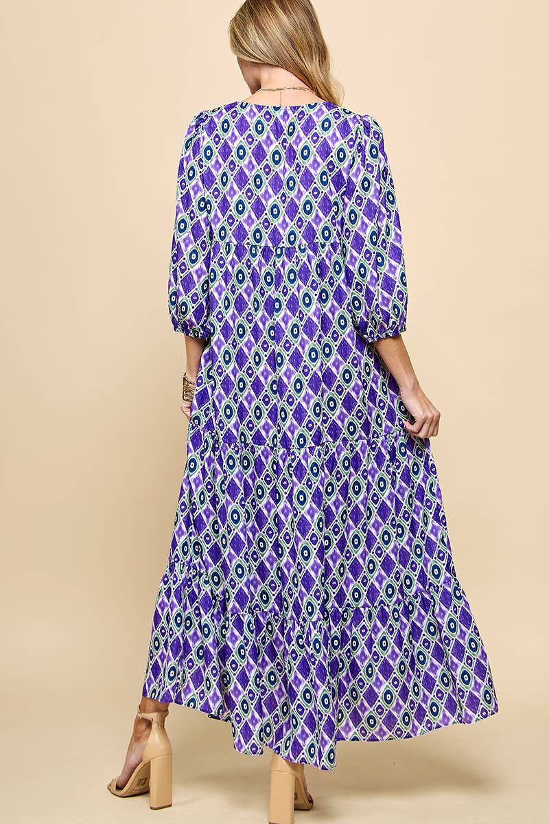 3/4 Lantern Sleeve Print Boho Maxi Dress