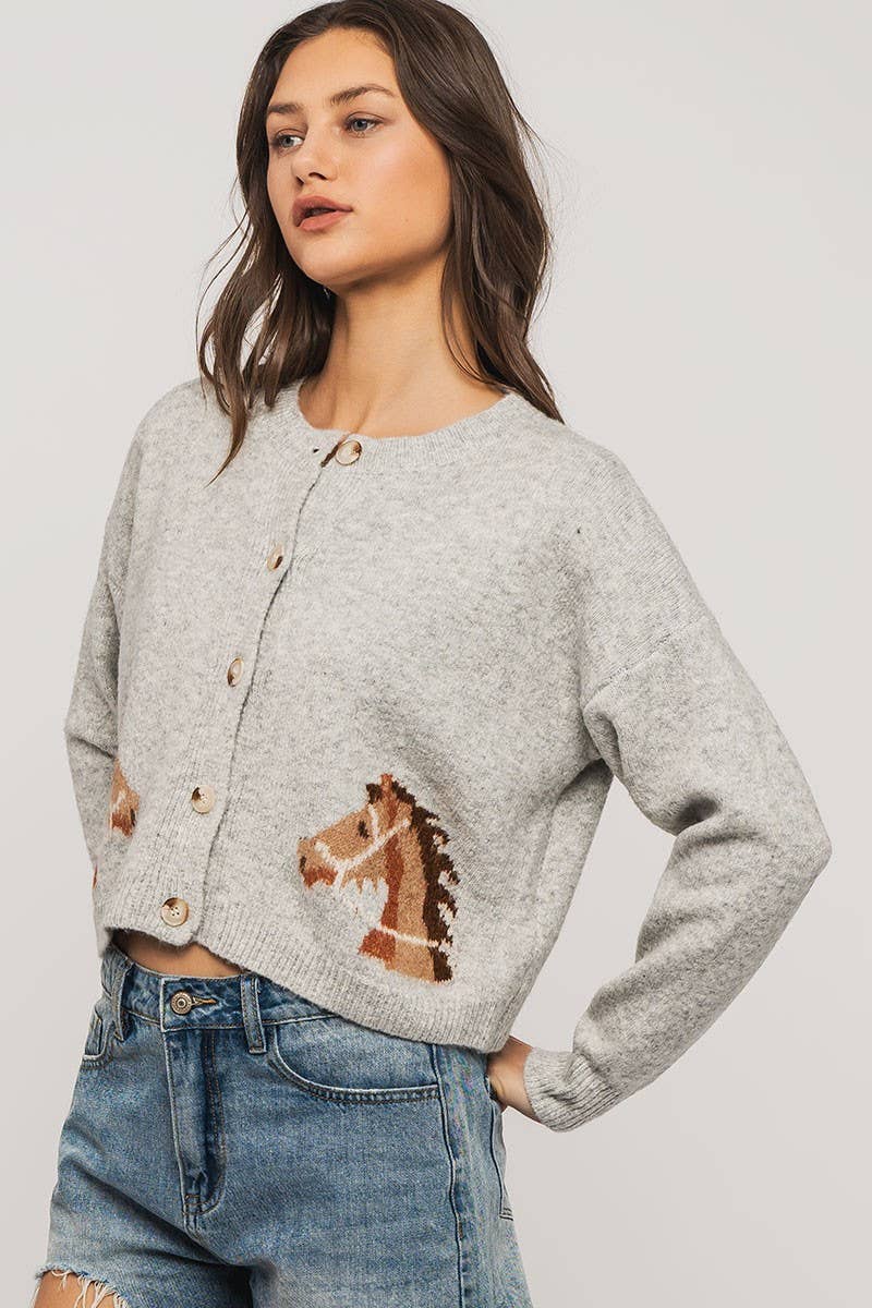 Horse Graphic Button Front Cropped Cardigan