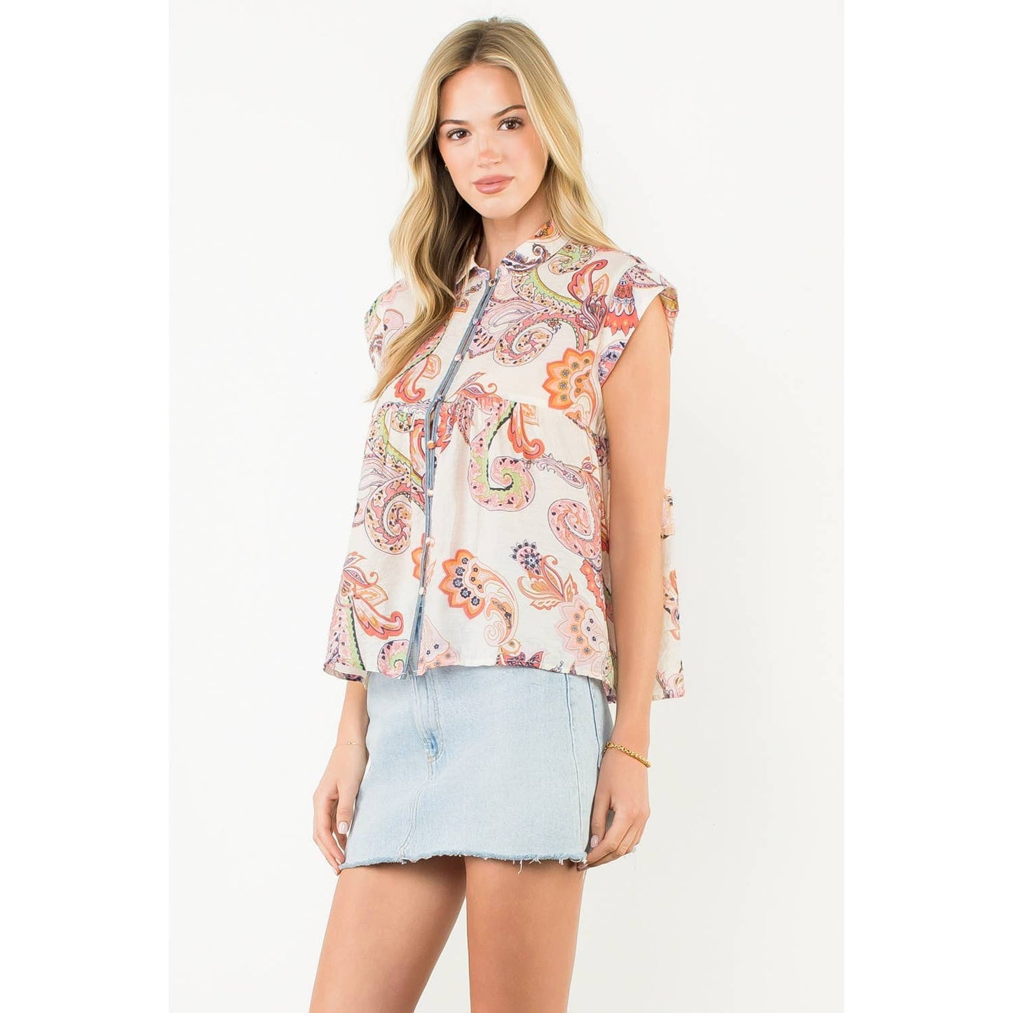 Cap Sleeve Paisley Button Down Top