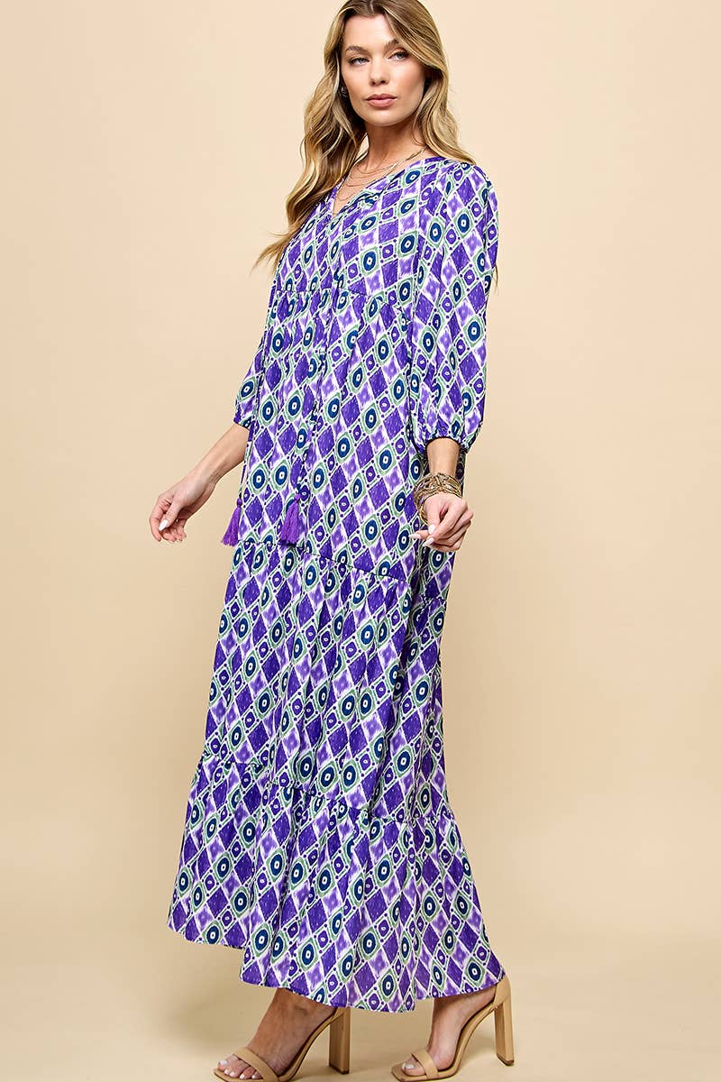 3/4 Lantern Sleeve Print Boho Maxi Dress