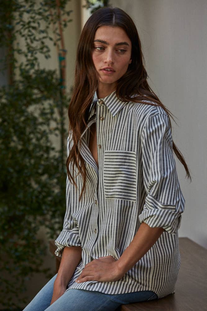 Woven Cotton Collar Neck Button Front Long Sleeve