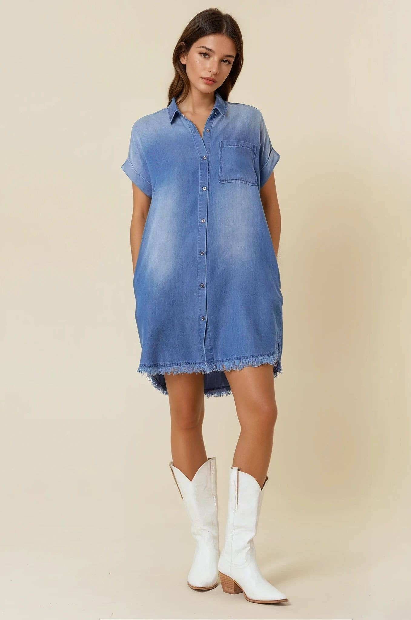 DOLMAN SHORT SLEEVE TENCEL DENIM SHIRT MINI DRESS - 27642D