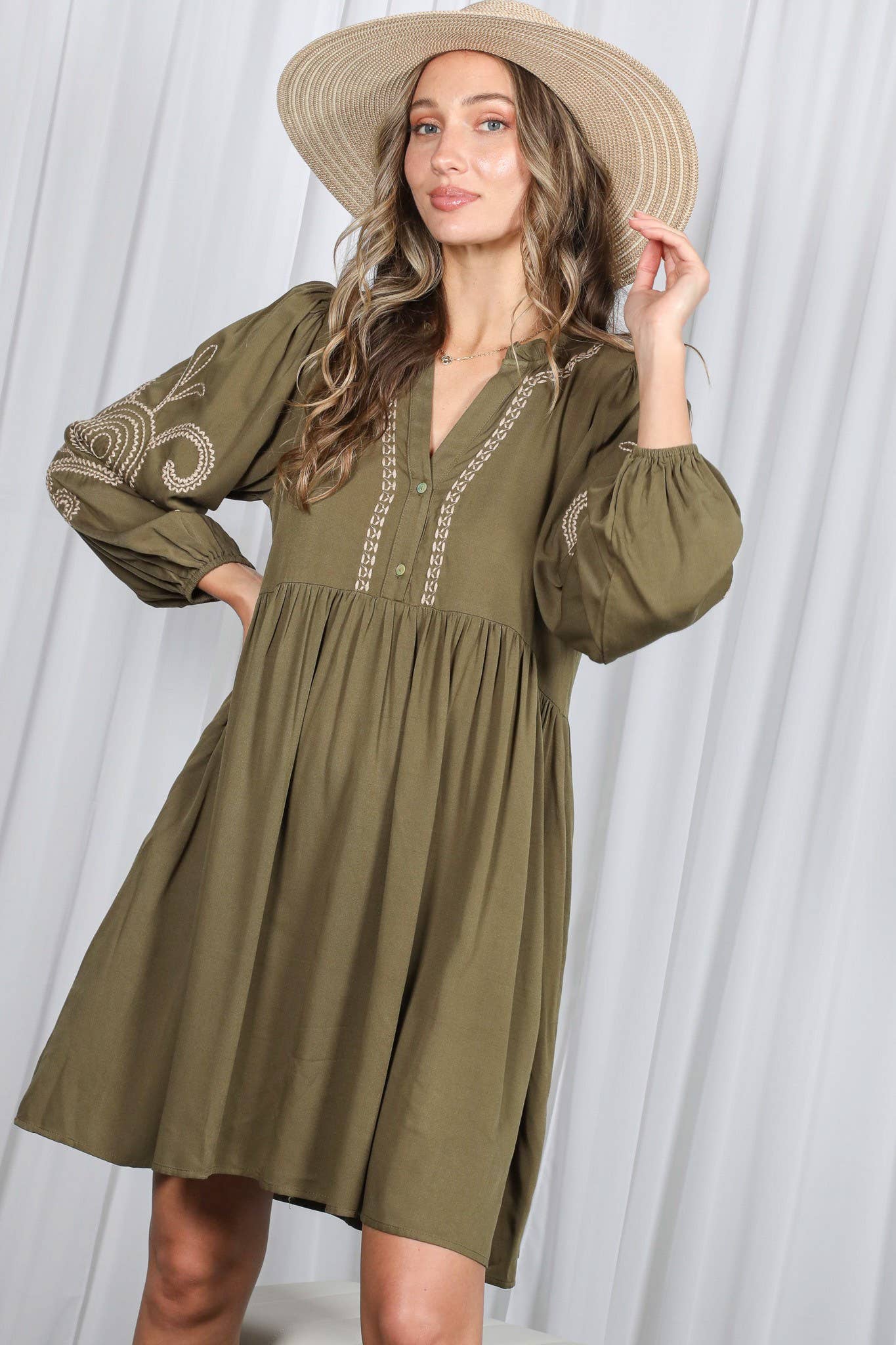 Paisley Embroidered V-Neck Baby Doll Mini Dress