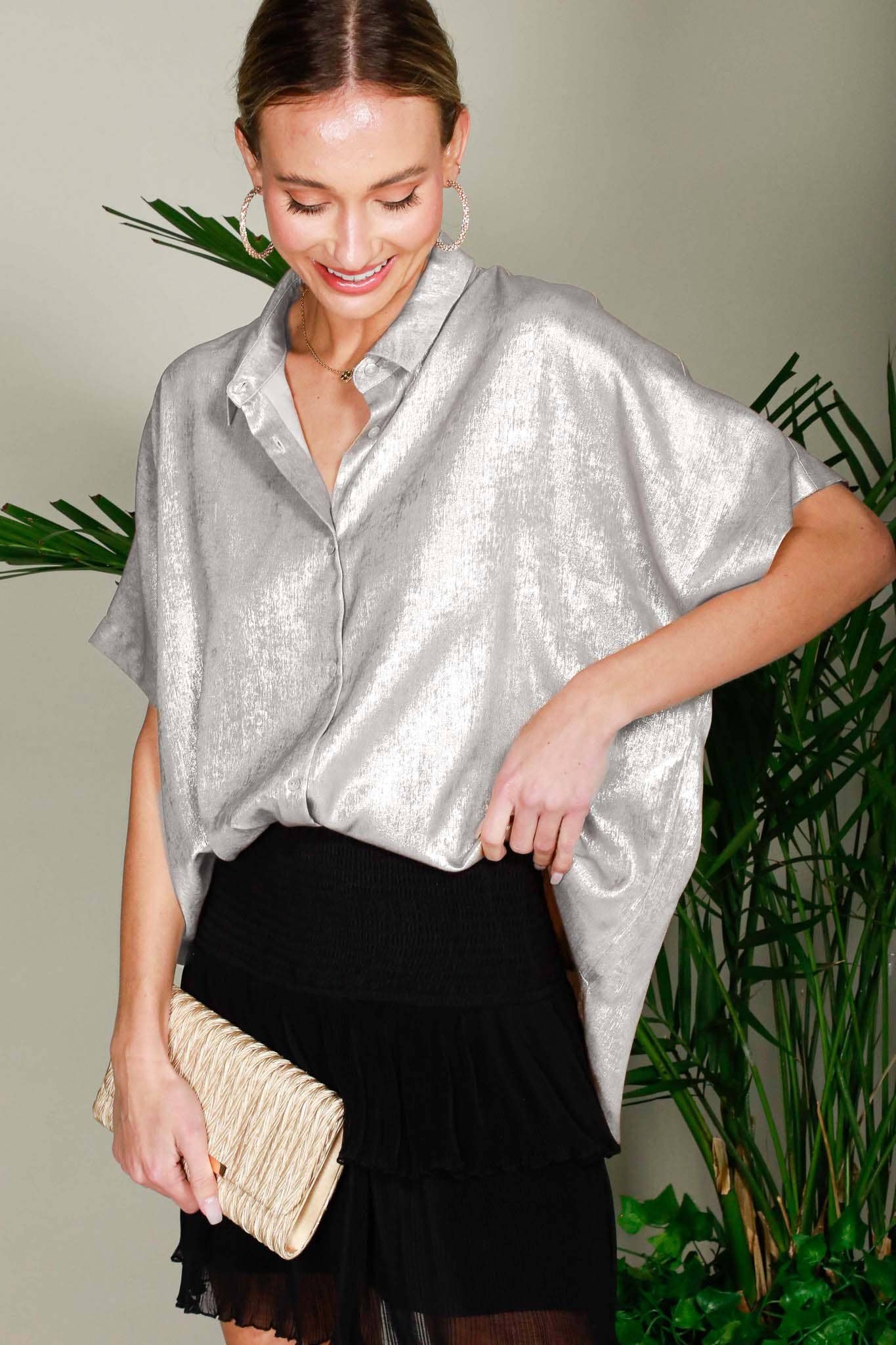 Metallic Woven Button Front Closure Blouse T