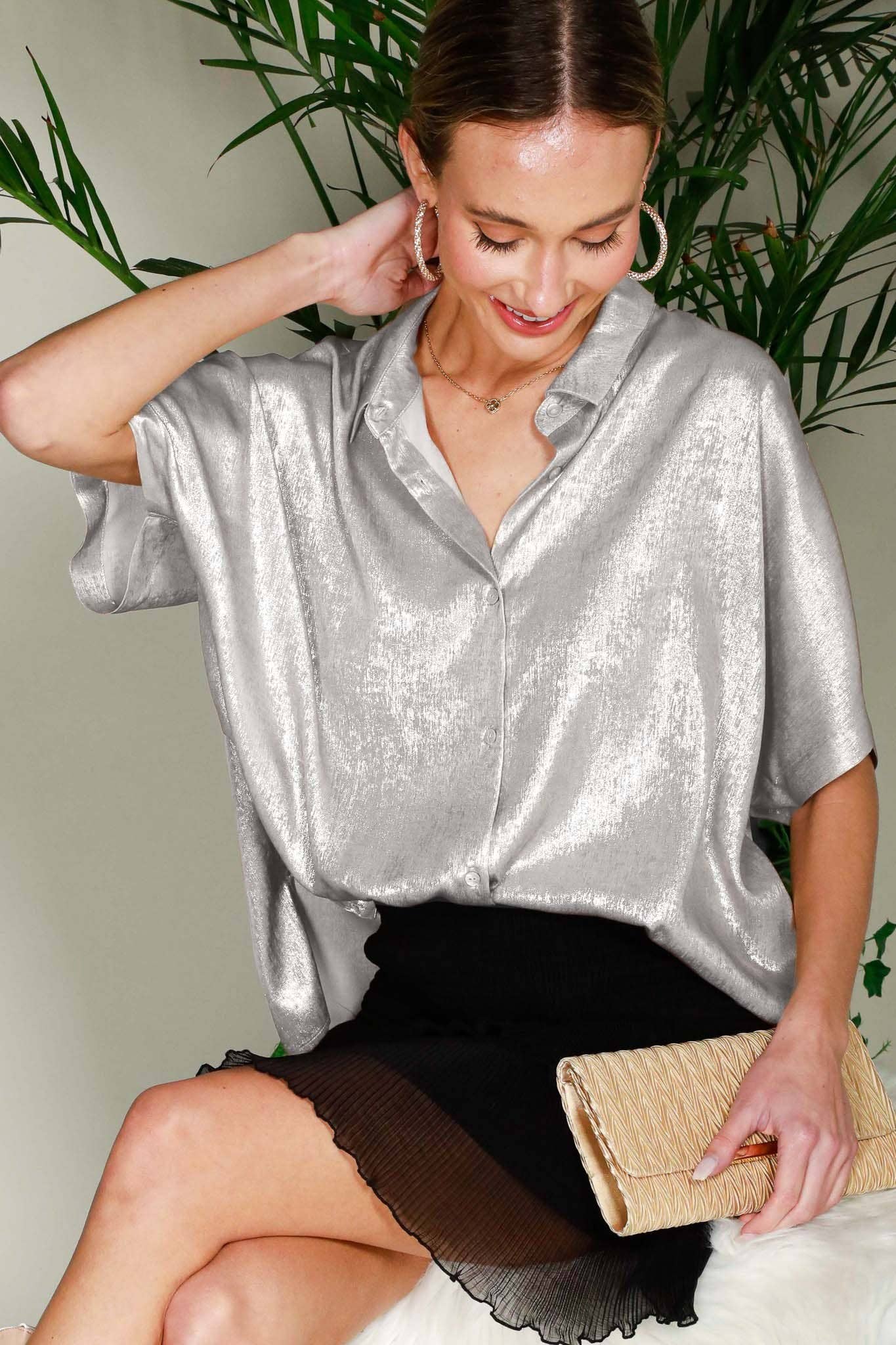 Metallic Woven Button Front Closure Blouse T