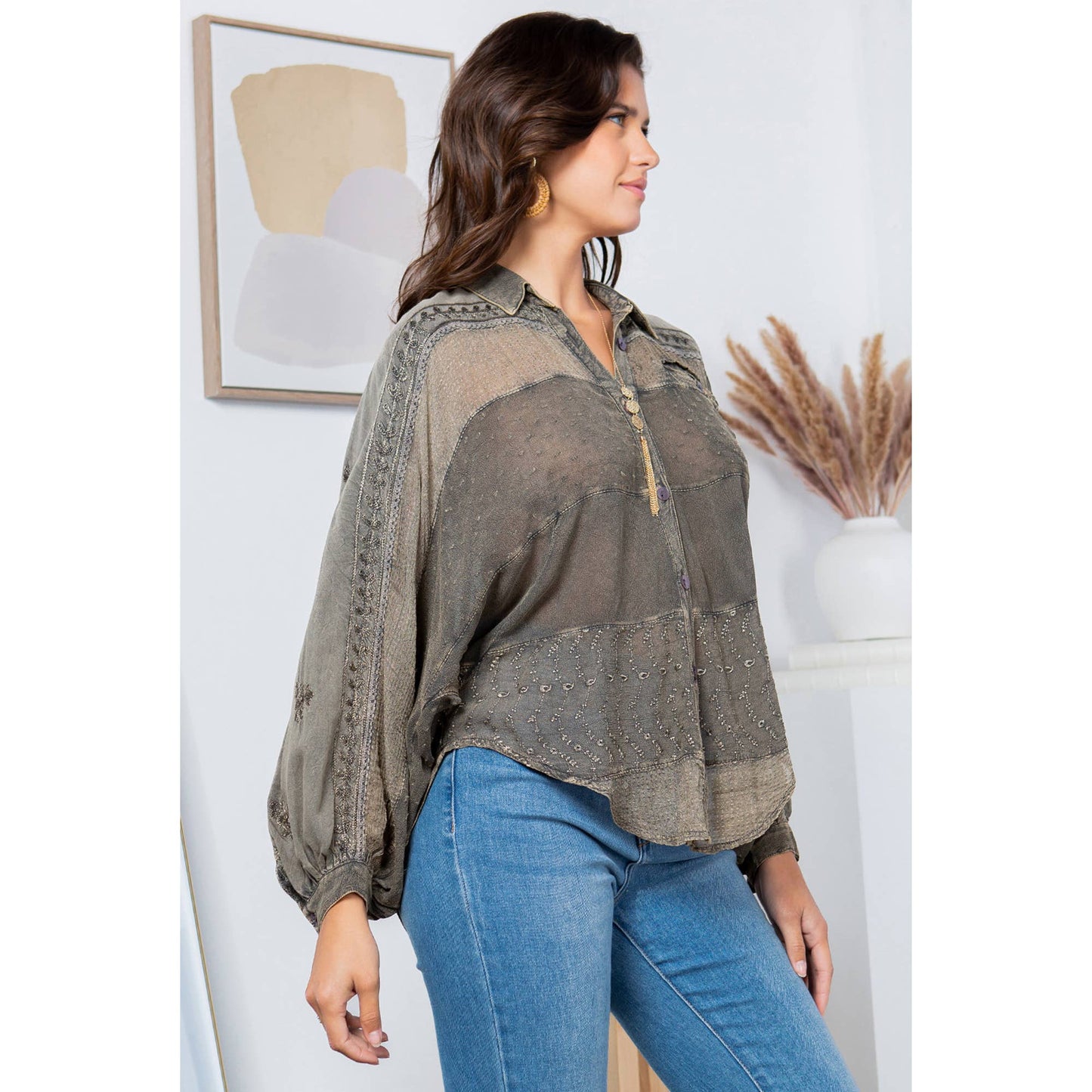 Embroidery Bishop Sleeves Loose Top