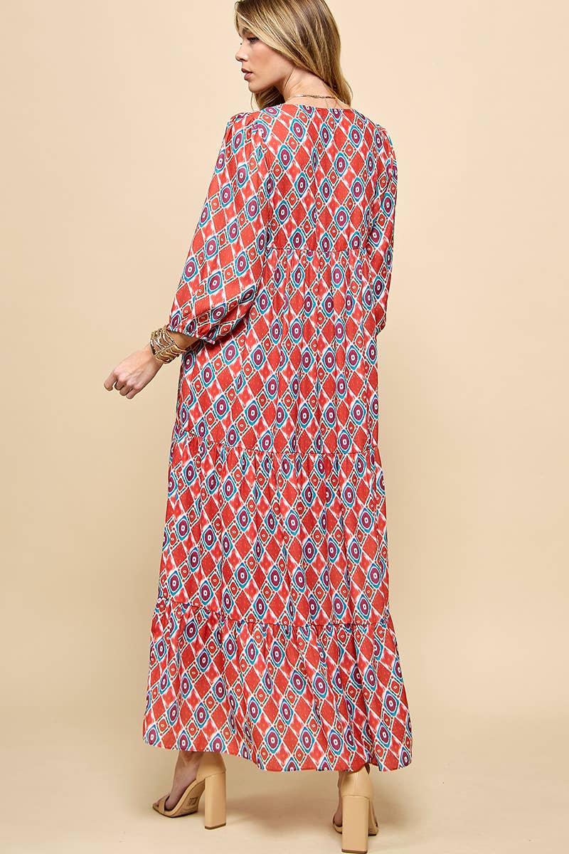 3/4 Lantern Sleeve Print Boho Maxi Dress