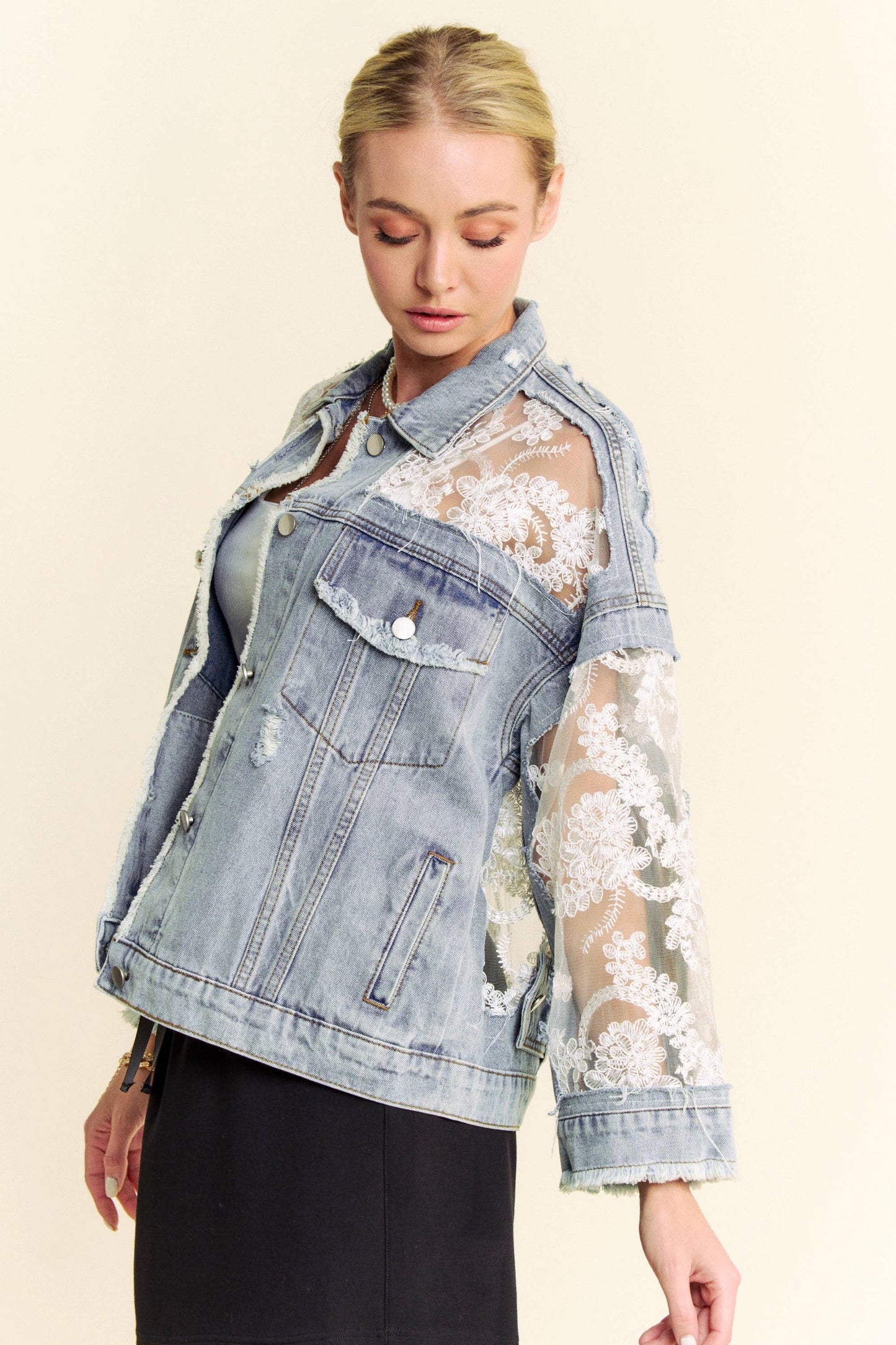 FLORAL EMBROIDERY LACE DISTRESSED DENIM JACKET