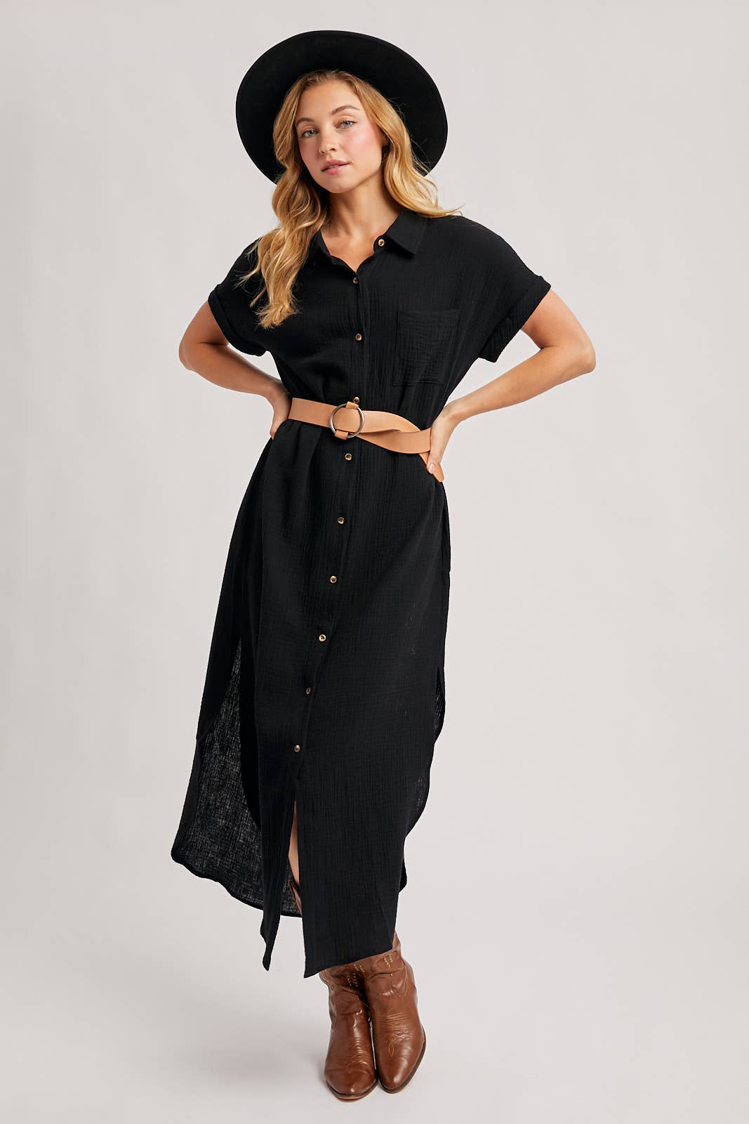 BUTTON UP MAXI SHIRT DRESS WITH POCKET