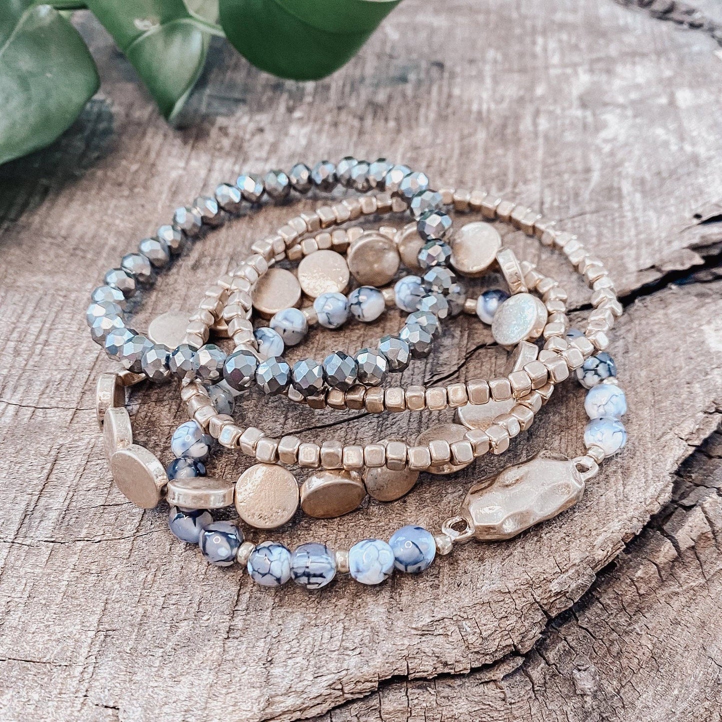 5 piece Boho Beaded Bracelets Stack Semi Precious Metal Glas
