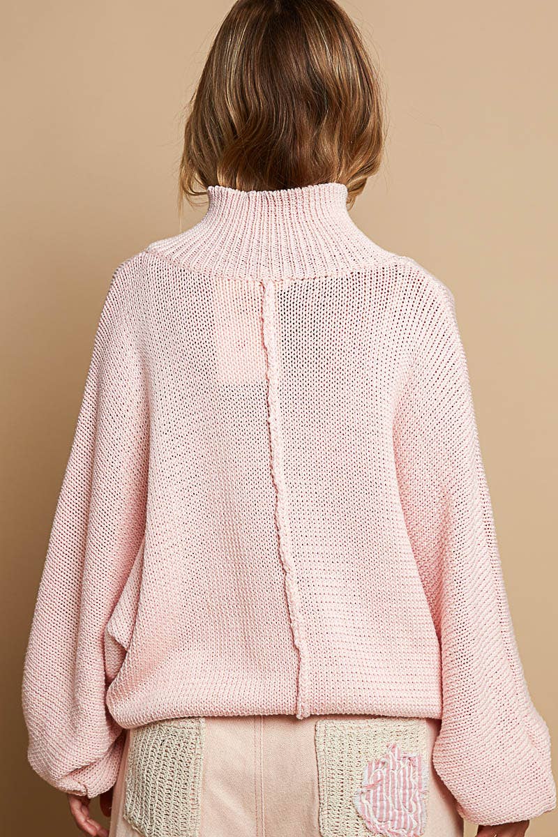 Dolman sleeve mock neck pearl button pullover