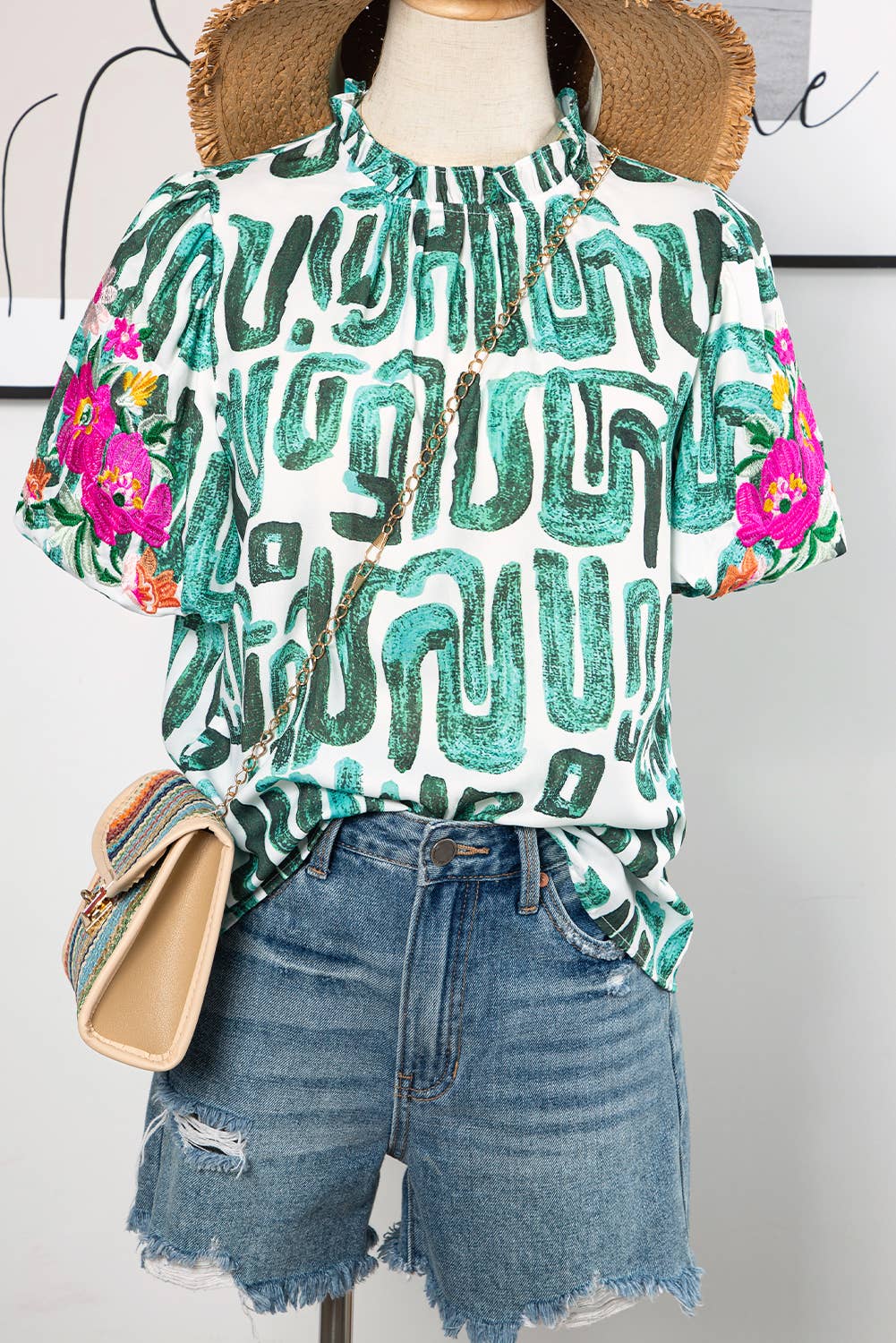 BOHO Embroidered Puff Sleeve Frilled Top