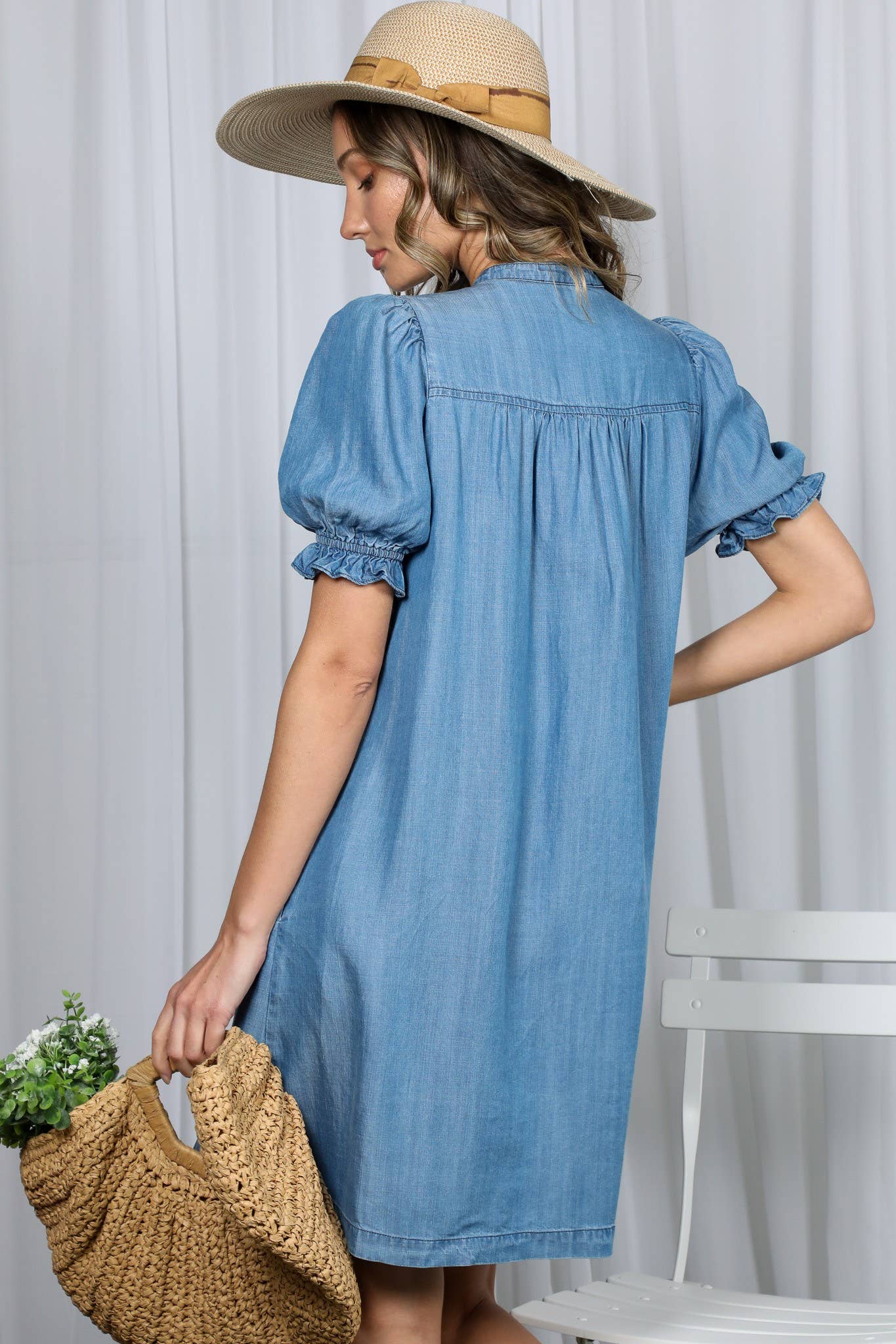 Ruffle Detail Chambray Tencel Dress
