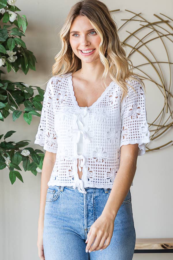 Knit Floral Tie Front Top
