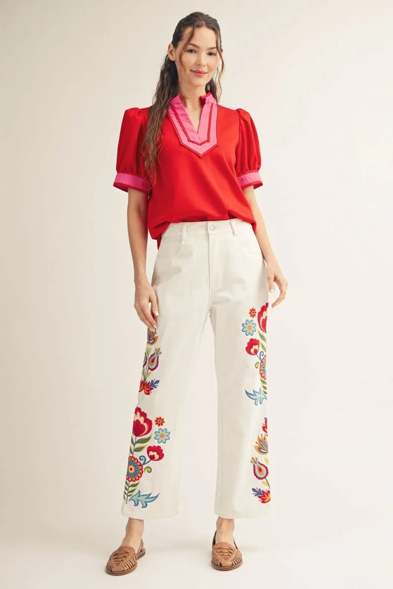 Embroidered High Waist Pants