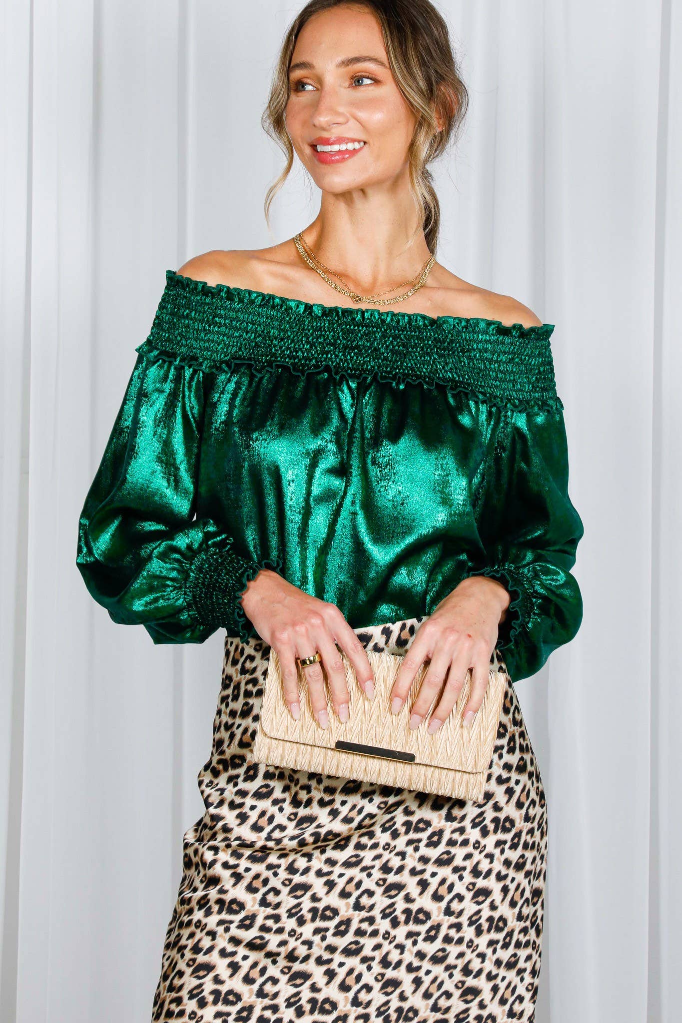 Metallic Woven Off-The-Shoulder Smocked Blouse