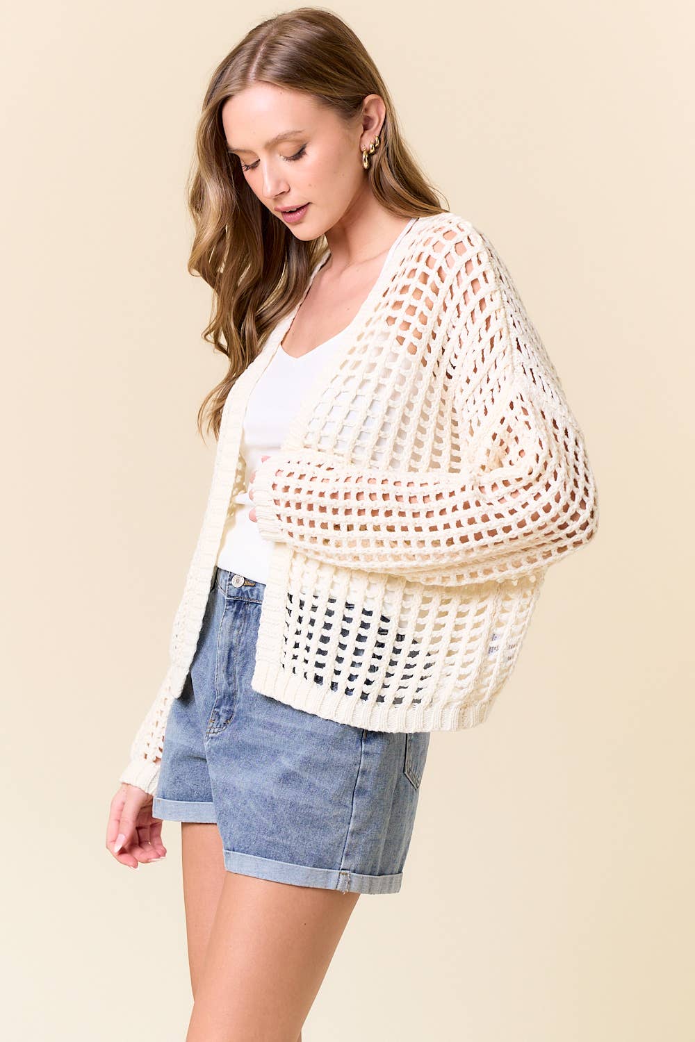 CROCHET FISHNET CROPPED OPEN CARDIGAN